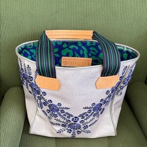 CONSUELA “Violet” Silver Tote with Blue Floral Embroidery and Striped Handles